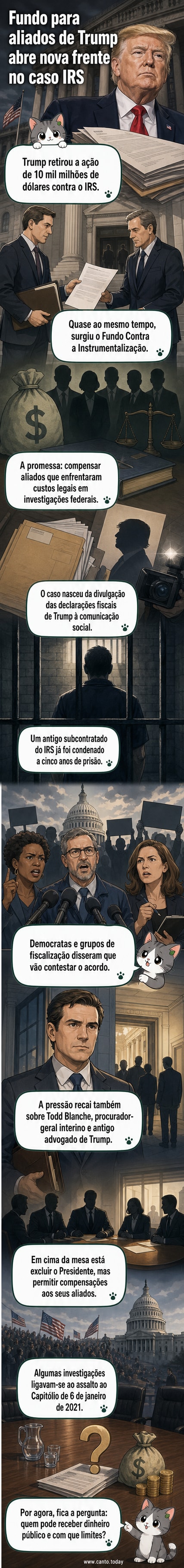 Ilustração de um cofre aberto com bandeira dos EUA e notas simbólicas, ao fundo figura de Trump e aliados, com ícones de processos judiciais.