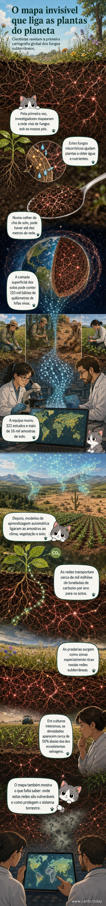 Ilustração de uma vasta rede subterrânea de filamentos fúngicos estendendo-se por baixo de uma paisagem de pradaria, com representações simbólicas de árvores e raízes conectadas a hifas microscópicas, sugerindo um sistema circulatório invisível sob o solo.