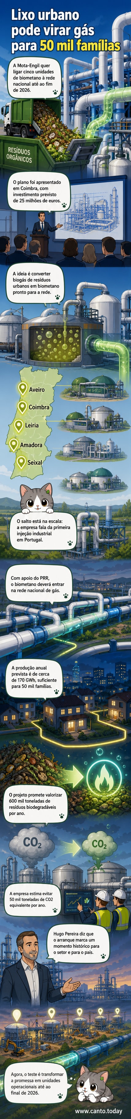 Ilustração de uma usina de biometano integrada a um centro de tratamento de resíduos, com tubos de gás e painéis solares ao fundo, em ambiente urbano português.