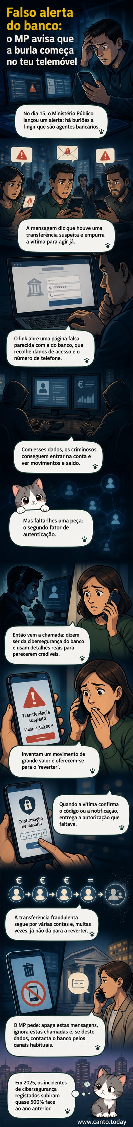 Ilustração de um smartphone com uma mensagem de phishing falsa, enquanto uma figura sombria observa em segundo plano