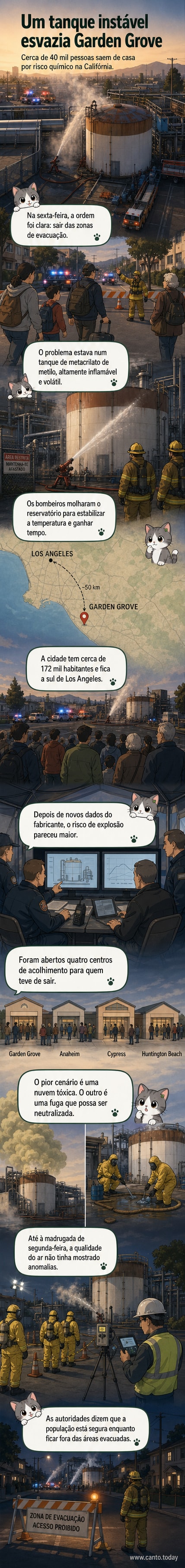 Ilustração de um tanque industrial com luzes de alerta, cercado por casas residenciais, enquanto bombeiros usam mangueiras para resfriá-lo à distância, com nuvens escuras ao fundo.