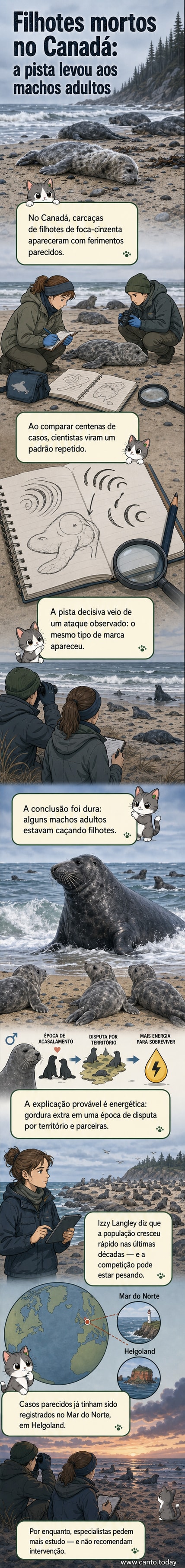 Ilustração de uma foca cinzenta adulta ao lado de um filhote, com ferimentos em espiral visíveis, em um cenário ártico com gelo e céu nublado.