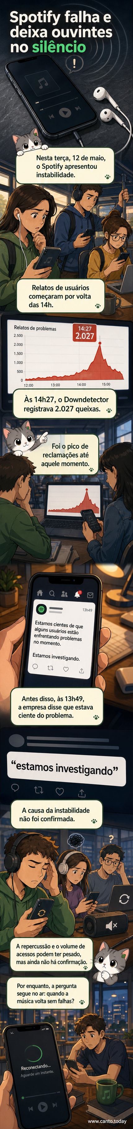Tela do celular mostrando erro no aplicativo Spotify, com fundo escuro e ícone verde do logo da plataforma