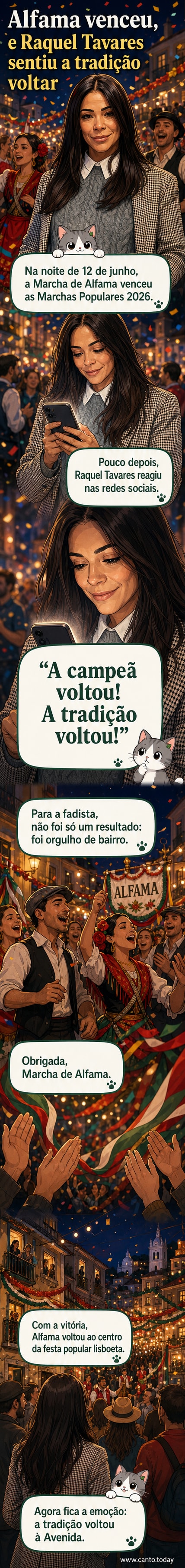 Raquel Tavares celebra nas redes sociais a vitória da Marcha de Alfama nas Marchas Populares 2026, com uma publicação no Instagram cheia de emojis e entusiasmo.