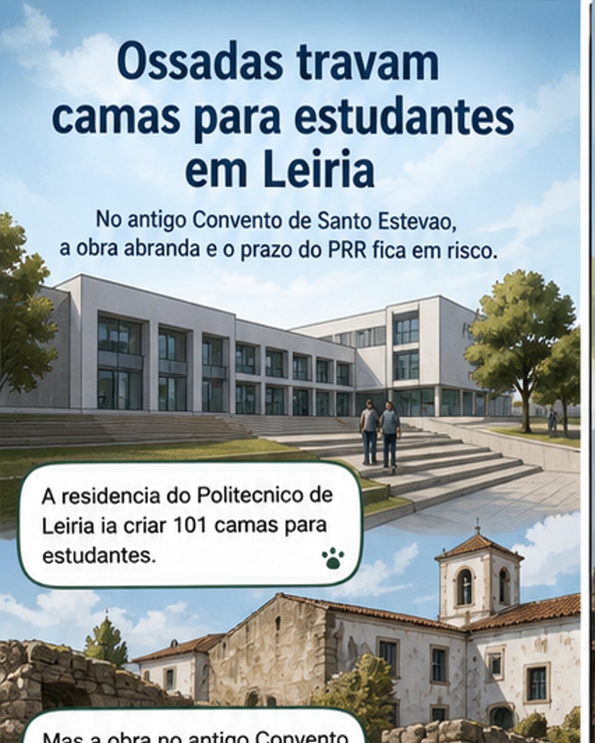 Ilustração de uma escavação arqueológica com operários e um arqueólogo a examinar ossadas no local de uma futura residência estudantil em Leiria.