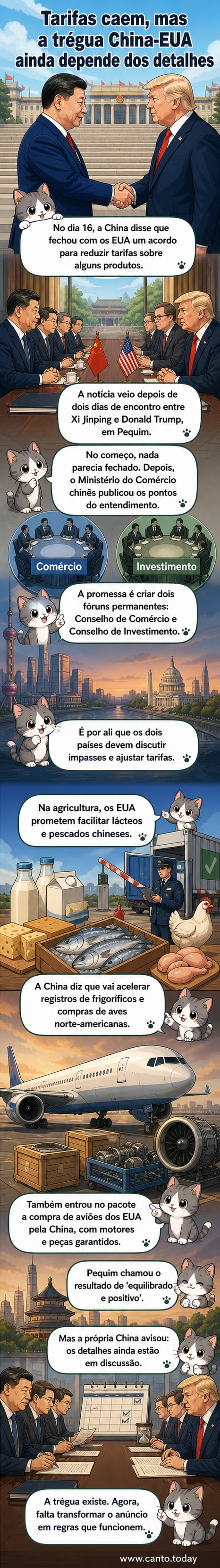 Líderes da China e dos EUA em reunião formal, com bandeiras dos dois países ao fundo, simbolizando um acordo comercial para redução de tarifas e cooperação econômica.