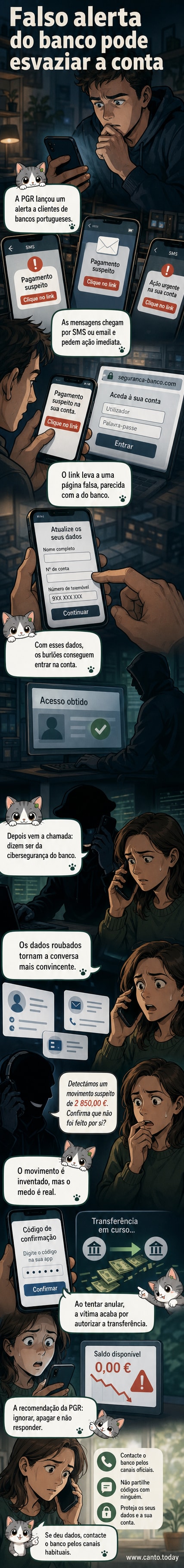 Ilustração de um smartphone com uma mensagem de phishing falsa, mostrando um alerta bancário falso e um link suspeito.