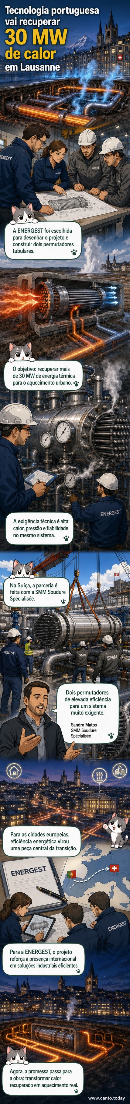 Ilustração de um sistema urbano de aquecimento com trocadores de calor desenvolvidos por engenheiros portugueses, em Lausanne, Suíça.