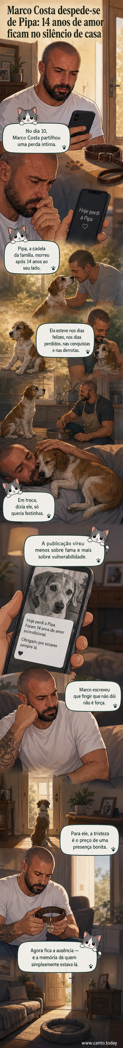Marco Costa abraça a cadela Pipa em foto em tons quentes, ambos sorrindo, ambiente doméstico acolhedor