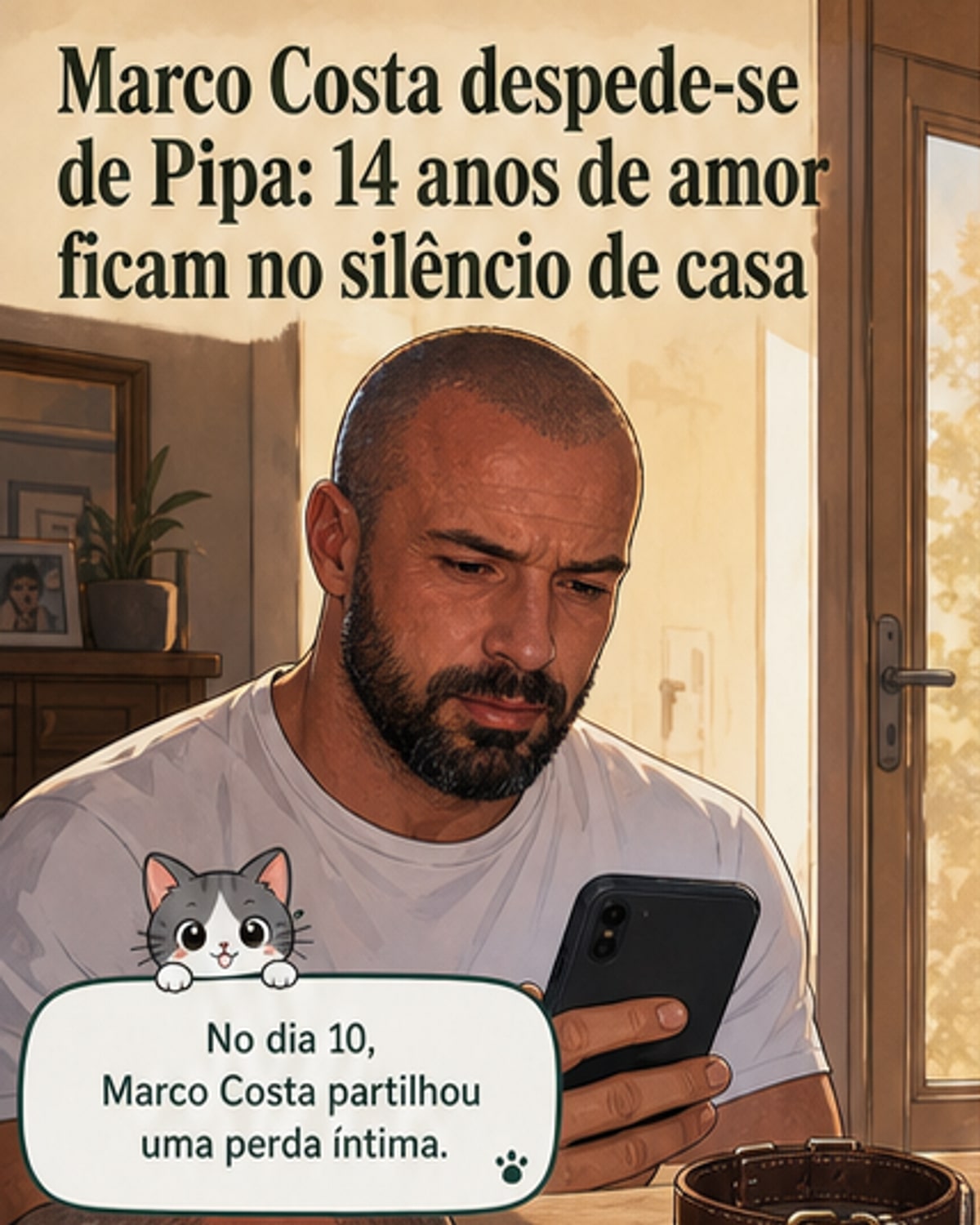 Marco Costa abraça a cadela Pipa em foto em tons quentes, ambos sorrindo, ambiente doméstico acolhedor