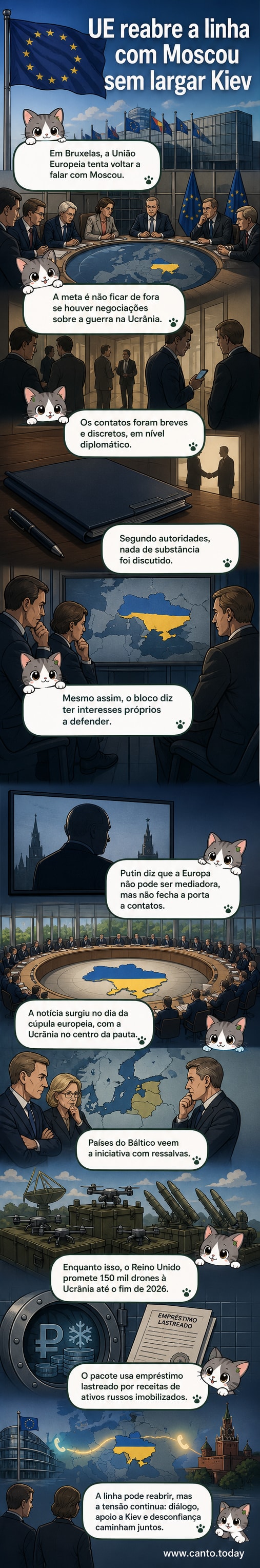 Ilustração de representantes da União Europeia e da Rússia em lados opostos de uma mesa de negociação, com símbolos da UE e da bandeira russa, em um ambiente formal e tenso, sugerindo tentativa de diálogo sob desconfiança mútua.