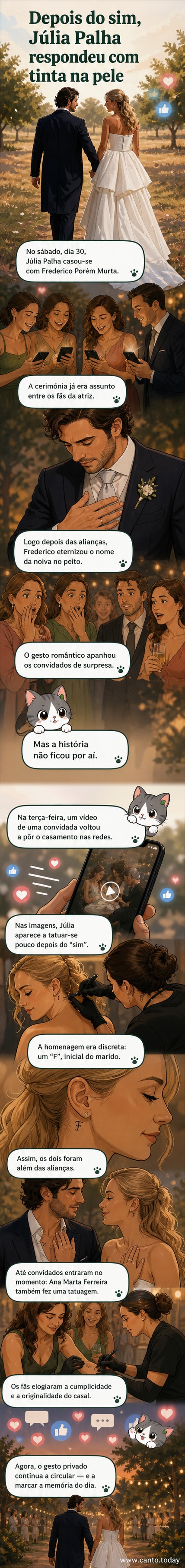 Atriz Júlia Palha com a letra 'F' recém-tatuada na orelha, sorrindo após o casamento, com detalhe para a tatuagem e o vestido de noiva.