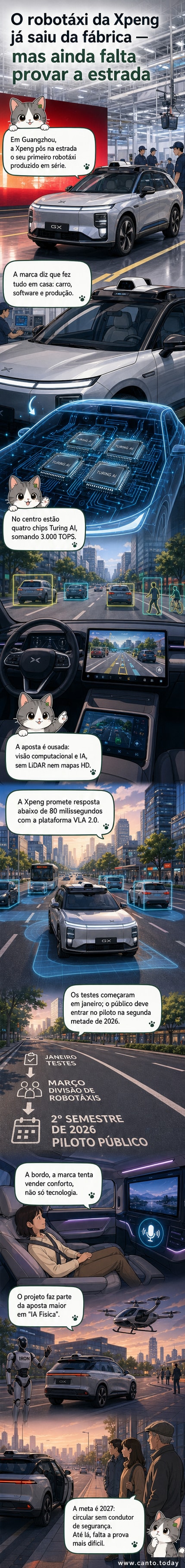 Ilustração de um veículo autónomo Xpeng em circulação urbana noturna, com sensores visíveis e interior futurista, em Guangzhou.