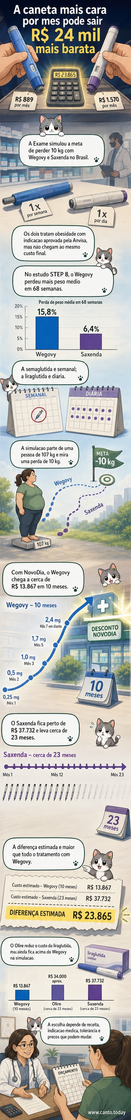Ilustração comparando duas canetas de medicamento: Wegovy e Saxenda, com gráficos de custo acumulado, número de injeções e tempo para perder 10 kg.