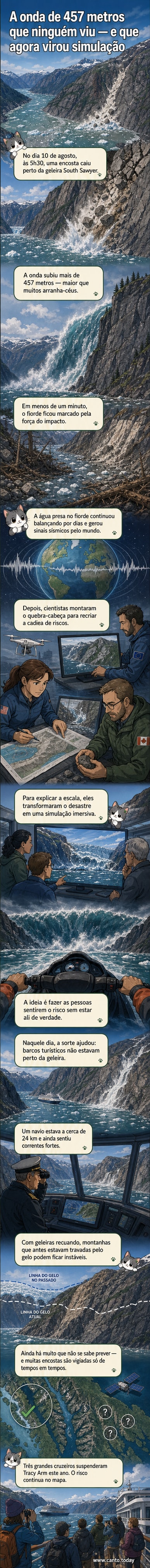Ilustração de uma onda gigantesca atingindo um fiorde no Alasca, com montanhas ao fundo e uma moto aquática na frente, representando a simulação virtual de um megatsunami.