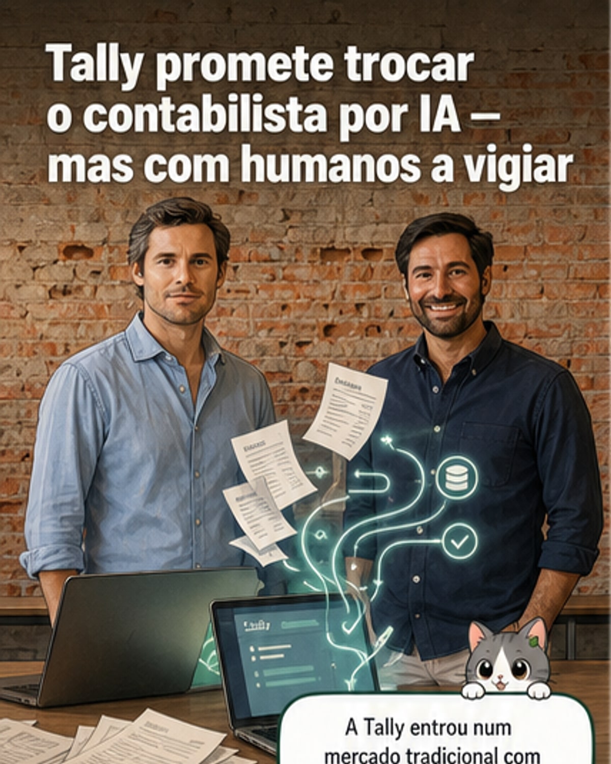 Ilustração de uma interface digital com gráficos de finanças e um assistente de IA ao lado de um contabilista certificado, representando a fusão entre tecnologia e supervisão humana na nova forma de contabilidade oferecida pela Tally.