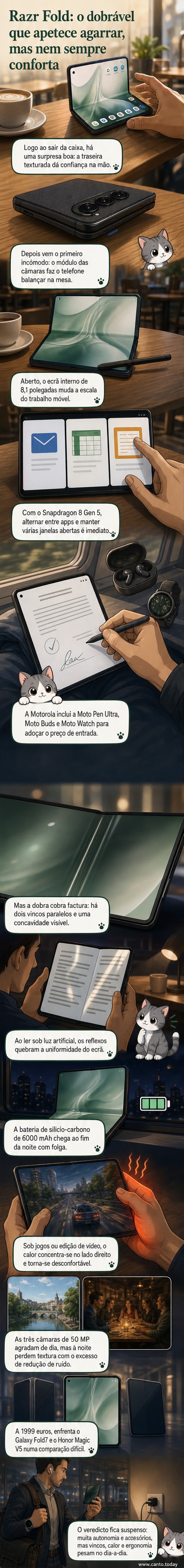 Ilustração de um smartphone dobrável Motorola Razr Fold aberto, mostrando o ecrã interno com vincos na dobra, ao lado de acessórios como estilete, auriculares e relógio inteligente.