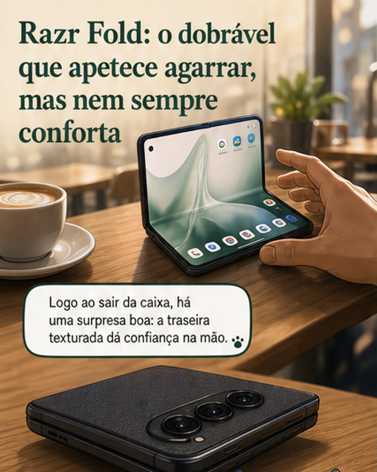 Ilustração de um smartphone dobrável Motorola Razr Fold aberto, mostrando o ecrã interno com vincos na dobra, ao lado de acessórios como estilete, auriculares e relógio inteligente.