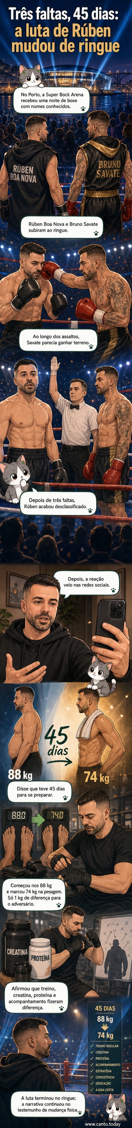 Ilustração de Rúben Boa Nova no ringue de boxe, com músculos definidos, segurando as luvas, ao lado de uma balança marcando 74 kg.
