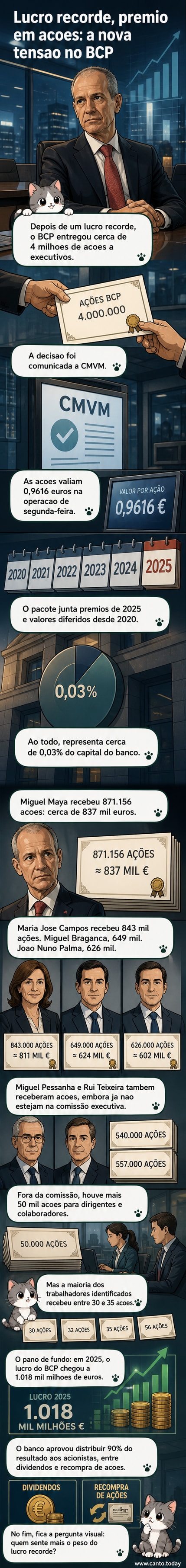 Ilustração de um gráfico de ações subindo com executivos do BCP ao fundo, destacando Miguel Maya com um pacote de ações nas mãos.