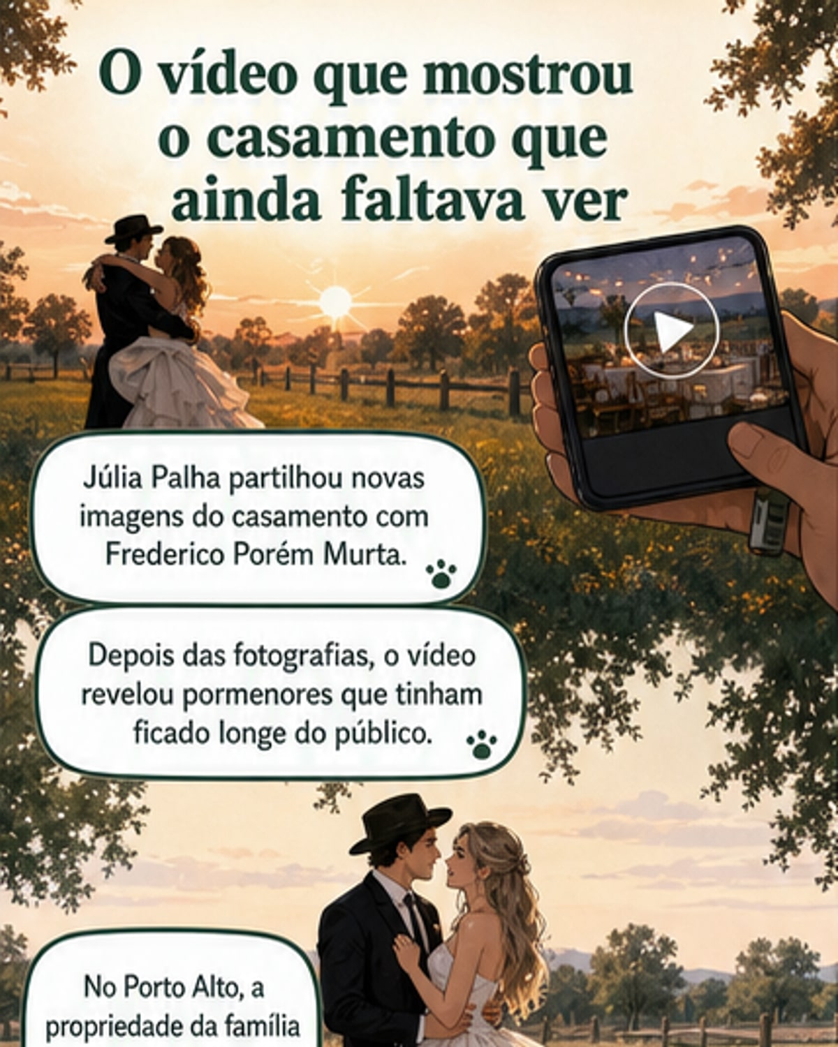Júlia Palha de vestido de noiva com longa cauda, ao lado de Frederico Porém Murta com chapéu preto, em cerimónia ao ar livre no Porto Alto, com detalhes como botas de cowboy brancas e decoração rústica.