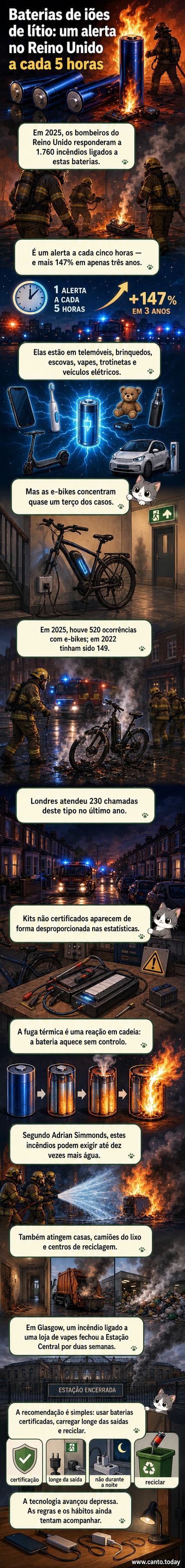 Ilustração de uma bateria de iões de lítio a sobreaquecer com chamas e fumaça tóxica, ao lado de dispositivos comuns como e-bike, telemóvel e trotineta, com fundo de edifício em chamas e bombeiros no local.