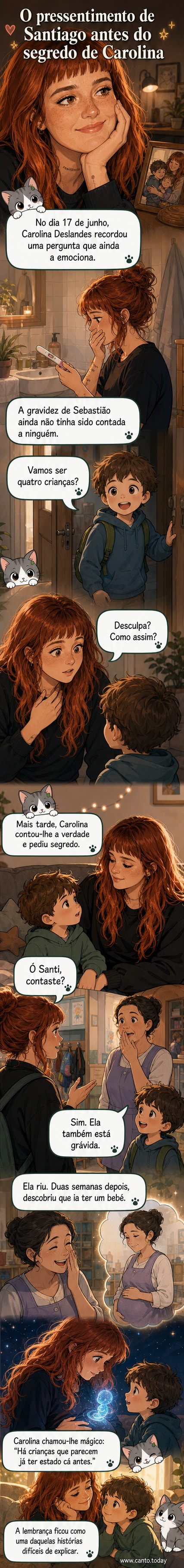 Ilustração de Carolina Deslandes com o filho Santiago a apontar para a barriga da mãe, com tons suaves e um brilho azul ao redor da cena, sugerindo magia e conexão familiar.