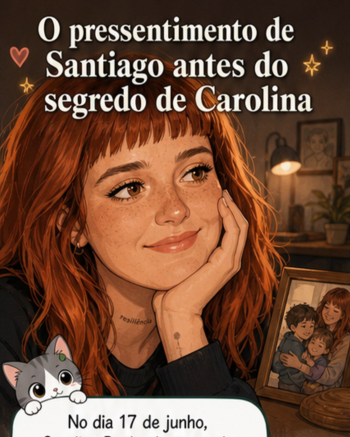 Ilustração de Carolina Deslandes com o filho Santiago a apontar para a barriga da mãe, com tons suaves e um brilho azul ao redor da cena, sugerindo magia e conexão familiar.