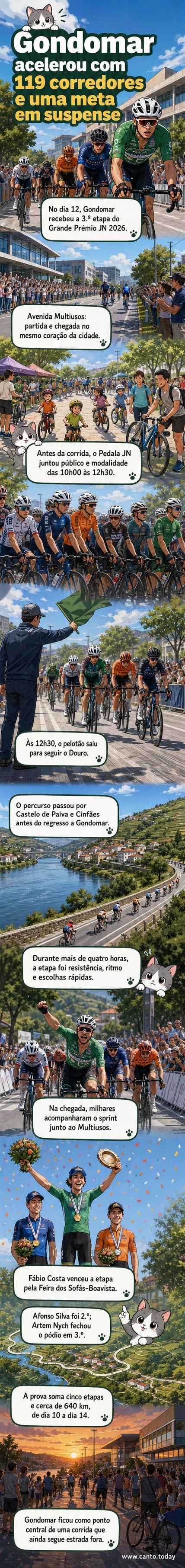 Ciclistas em alta velocidade na linha de chegada em Gondomar, com multidão a assistir e faixa de chegada visível.
