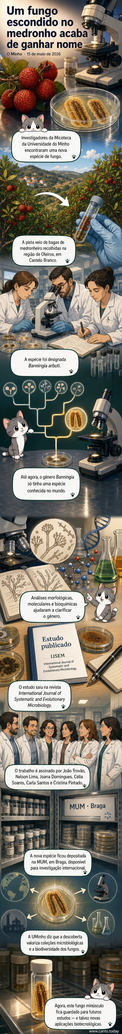 Ilustração científica de um medronheiro com bagas vermelhas e um inseto microscópico simbolizando a nova espécie de fungo Banningia arbuti descoberta em Portugal.