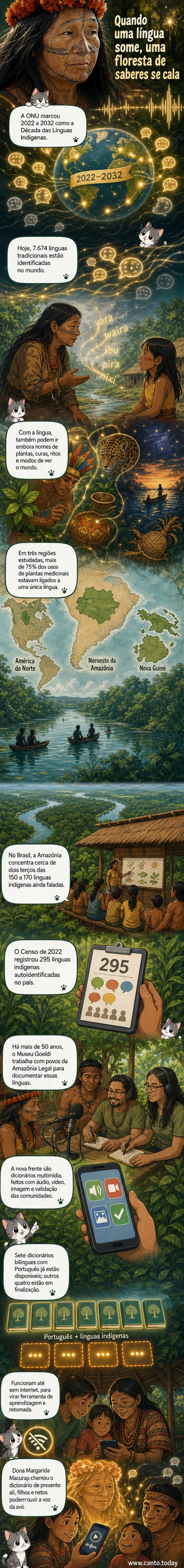 Ilustração de uma avó indígena mostrando um tablet com um dicionário digital em língua indígena para seu neto, com símbolos de som, texto e imagem ao redor.
