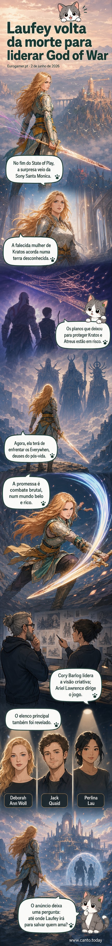 Imagem de divulgação de God of War: Laufey mostra Laufey de pé em um cenário sobrenatural com luzes etéreas, armadura nórdica e olhar determinado, com deuses sombrios ao fundo.