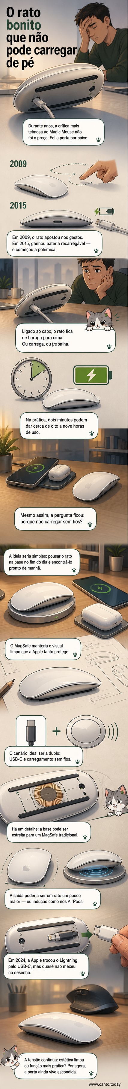 Ilustração de um Magic Mouse com a porta Lightning na base, ao lado de um cabo ligado, destacando o dilema entre design e funcionalidade.