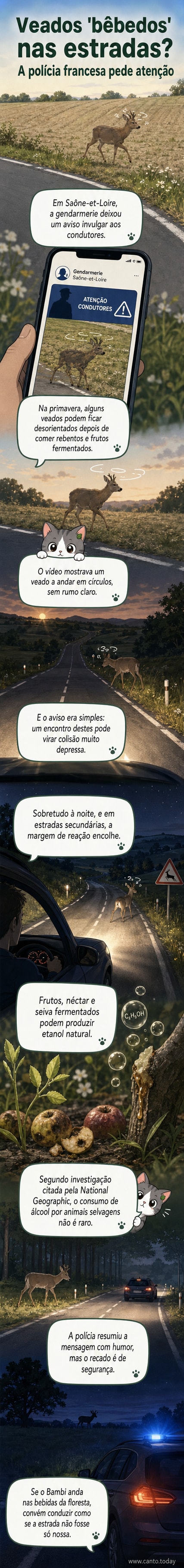 Um veado caminha em círculos em uma estrada rural à noite, com luzes de carro ao fundo, ilustrando o alerta da polícia francesa sobre animais embriagados por frutas fermentadas.