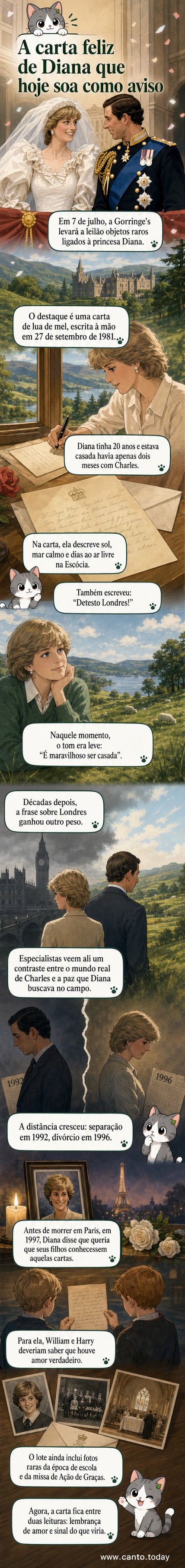 Ilustração de Diana escrevendo uma carta à mão, com memórias de lua de mel e contraste com vida na realeza ao fundo.