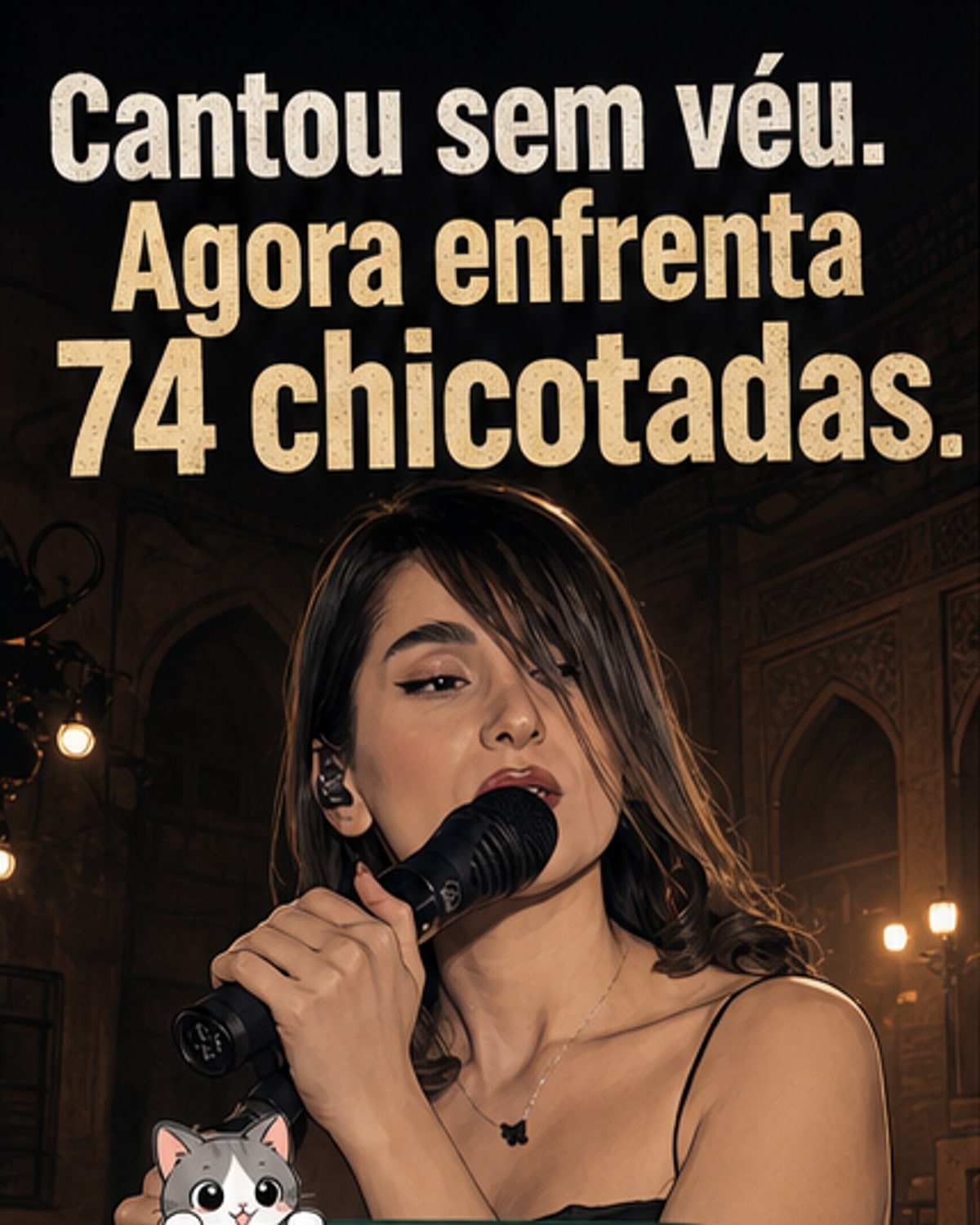 Ilustração de uma cantora com os cabelos à mostra em um palco tradicional no Irã, cercada por símbolos de censura e chicotadas.