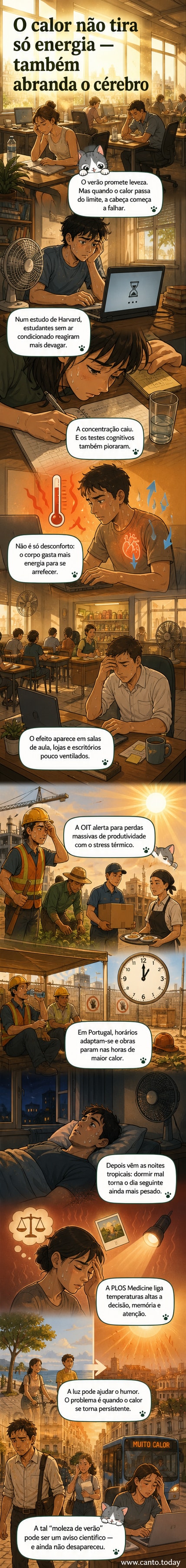 Ilustração de uma pessoa tentando se concentrar num computador em um ambiente quente, com gotas de suor e cérebro com áreas de atenção desligadas.