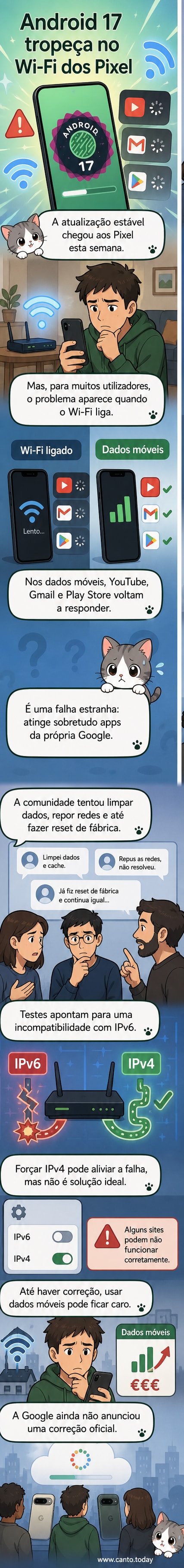 Ilustração de um smartphone Pixel com ícones de apps da Google a piscar em vermelho enquanto o Wi-Fi está ligado, com um sinal de aviso sobre a rede.