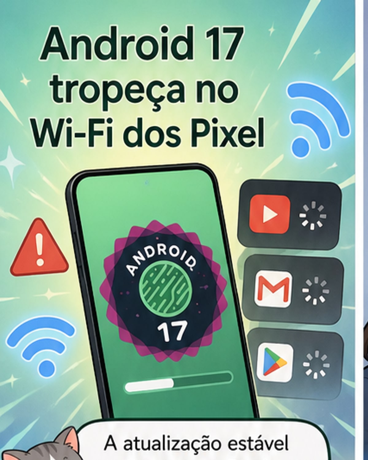 Ilustração de um smartphone Pixel com ícones de apps da Google a piscar em vermelho enquanto o Wi-Fi está ligado, com um sinal de aviso sobre a rede.