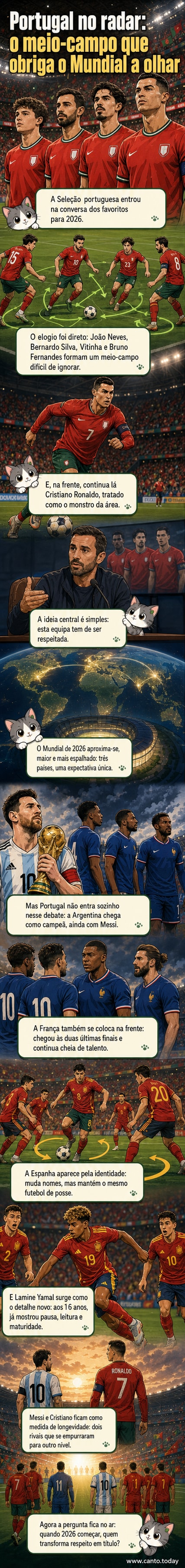 Ilustração de um time de futebol com destaque para o meio-campo: João Neves, Bernardo Silva, Vitinha e Bruno Fernandes, com Cristiano Ronaldo avançado no ataque.
