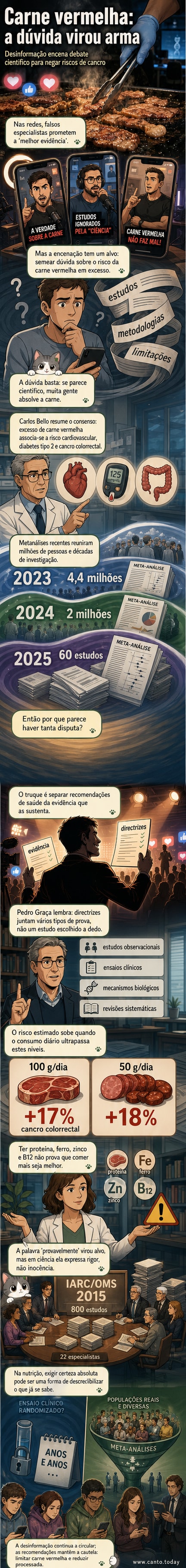 Ilustração de uma grelha com bifes, ao fundo símbolos científicos sendo distorcidos por redes sociais, com ícones de alerta de saúde.