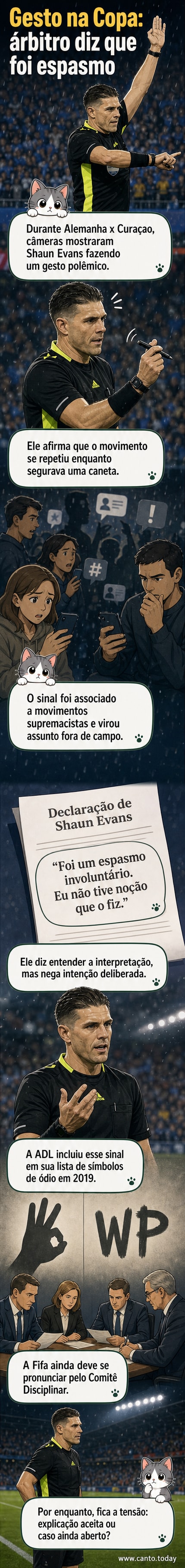 Árbitro australiano segurando uma caneta, com close na mão fazendo um círculo com polegar e indicador, palma para baixo, durante jogo da Copa do Mundo.