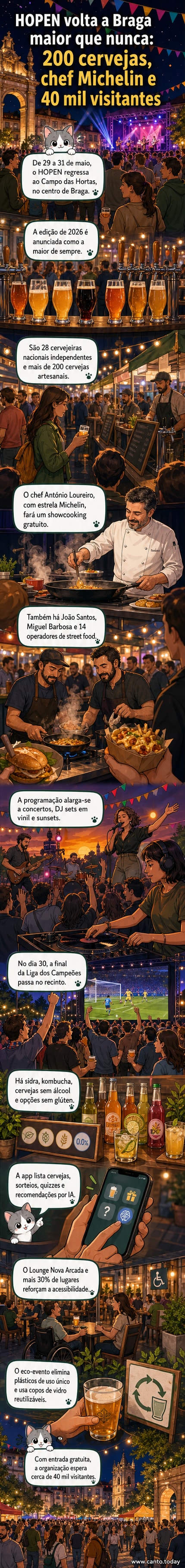 Pessoas em um jardim com tendas coloridas, copos de cerveja na mão, música ao fundo e telão com imagem de futebol, durante o festival HOPEN em Braga.