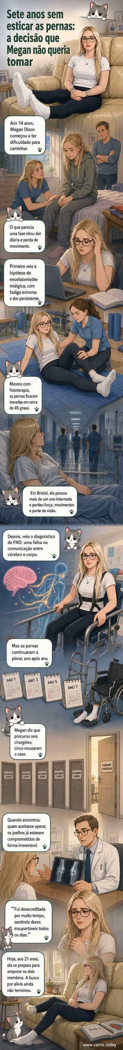 Ilustração de uma jovem em cadeira de rodas, com as pernas dobradas, olhando para frente com expressão determinada. Fundo em tons médicos suaves.
