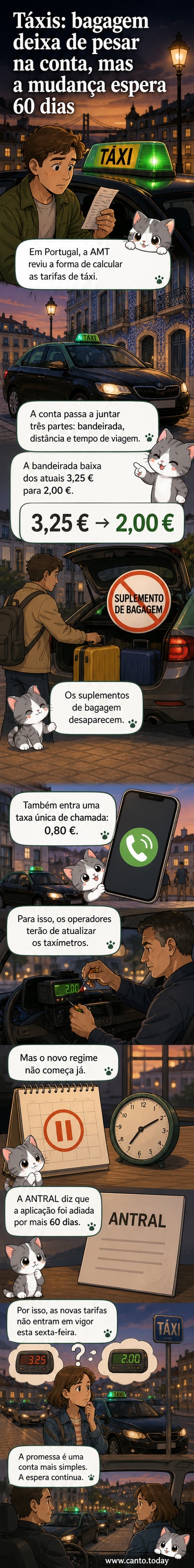 Ilustração de um táxi em Lisboa com nova tabela tarifária visível, mostrando tarifa inicial de 2,00€, taxa de chamada de 0,80€ e sem cobrança por bagagem.