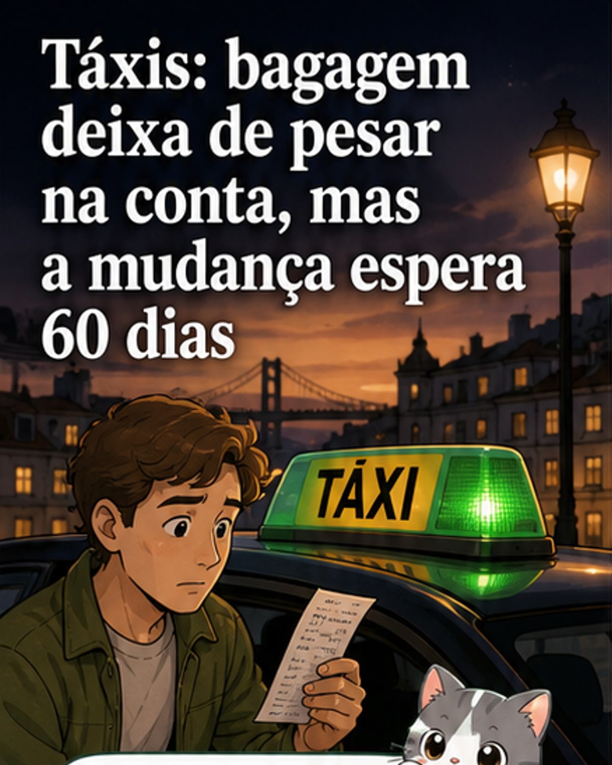 Ilustração de um táxi em Lisboa com nova tabela tarifária visível, mostrando tarifa inicial de 2,00€, taxa de chamada de 0,80€ e sem cobrança por bagagem.