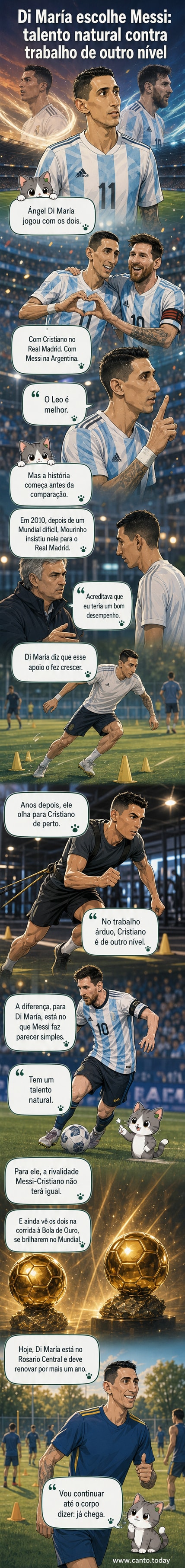 Ilustração de Di María entre Messi e Cristiano Ronaldo, apontando para Messi com expressão de admiração.