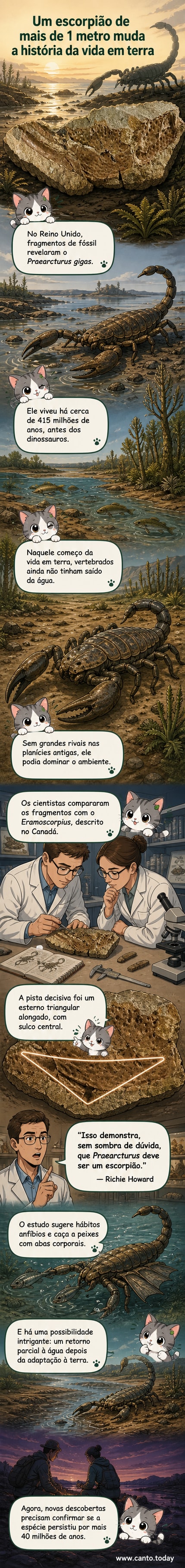 Ilustração de um escorpião gigante de mais de um metro rastejando em um ambiente pré-histórico com vegetação rasteira e águas rasas, ao entardecer.