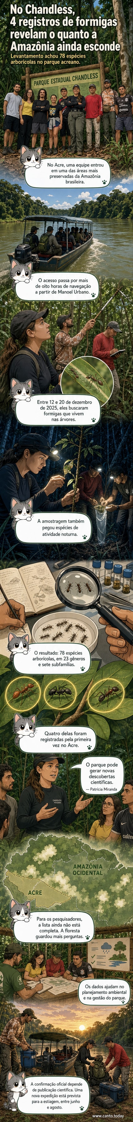 Ilustração de formigas arborícolas em copas de árvores na floresta amazônica, com detalhes de diferentes espécies descobertas no Parque Estadual Chandless.