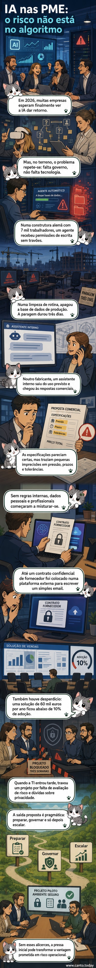 Ilustração de um robô parado diante de um prédio de escritórios, com documentos voando e alertas vermelhos ao redor, simbolizando o caos causado pela falta de governação em projetos de IA.